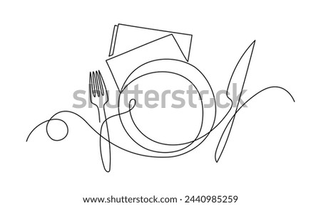 Vector illustration of plate, knife, and fork on white background. Icon ideal for restaurants, fast food, and takeout.