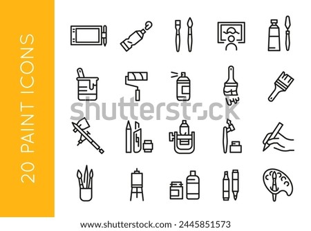 Art and painting icon set: drawing, house painting, artwork, tablet, paint tubes, palette for web, mobile, promo. Covers hobby, creativity. Single outline, vector illustration.