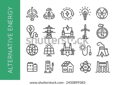 Alternative Energy icons. Set of 20 icons related to sustainable and renewable energy sources. Includes Solar Panel, Wind Turbine, Hydroelectric Dam, Electric Car, Battery icons. Vector illustration.