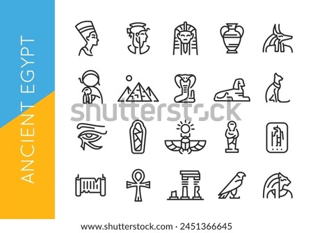 Ancient Egypt icons. Set of 20 trendy icons with key elements of ancient Egyptian culture and mythology such as Sphinx, Pyramids, Pharaoh. Design signs for mobile app. Vector illustration 