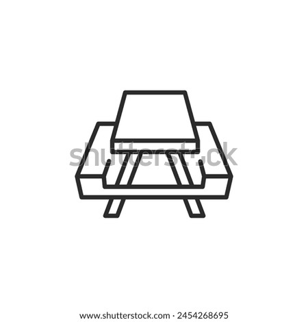 Picnic Table icon. Simplistic depiction of a picnic table, ideal for denoting outdoor dining areas, parks, and recreational spaces. Vector illustration