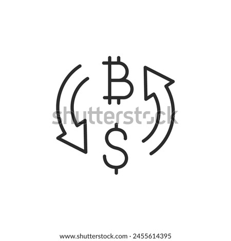 Currency Exchange icon. A sleek design of arrows encircling a Bitcoin and dollar sign, symbolizing the exchange between cryptocurrencies and fiat money. Vector illustration