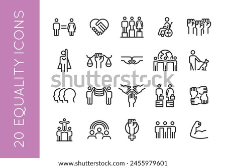 Equality icons. Set of 20 Equality trendy minimal icons representing diverse social issues, including gender equality, accessibility, unity. Design signs for web page, mobile app. Vector illustration