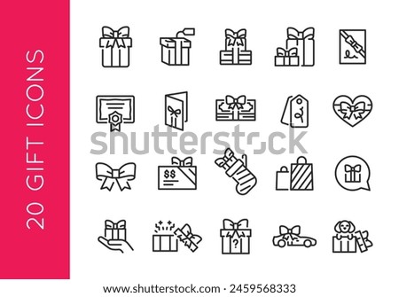 A set of 20 versatile gift-related icons, encompassing various forms of presents, such as wrapped boxes, gift cards, shopping incentives, and puppies and cars with bows. Vector illustration