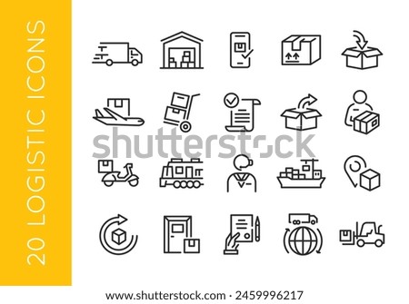 Logistics icons. Set of 20 logistics trendy minimal icons. Truck, Warehouse, Delivery, Package, Crane, Forklift, Train, Boat, Inventory icon. Design signs for web page, mobile app. Vector illustration