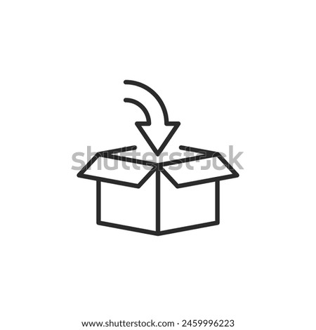 Open cardboard box icon with a downward arrow, symbolizing unpacking or downloading. Ideal for illustrating packaging, shipping, and delivery concepts in e-commerce platforms. Vector illustration
