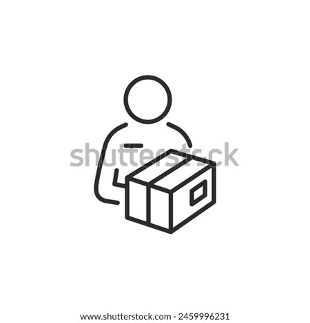 Package delivery icon depicting a person receiving a parcel. Represents courier services, e-commerce deliveries, and customer receipt of goods. Suitable for use on websites. Vector illustration