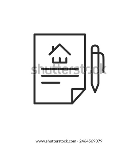 Real estate contract icon. Simple representation of a legal document with a house outline and pen, used for property transactions, agreements, and leases. Vector illustration