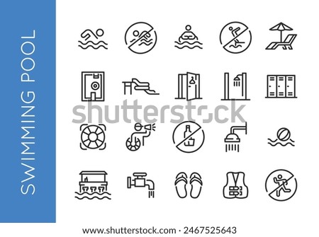 A comprehensive set of swimming pool icons. Includes simple representations of a swimmer, no diving symbol, swim cap, goggles, lifeguard whistle, life jacket, sunbed with umbrella. Vector illustration