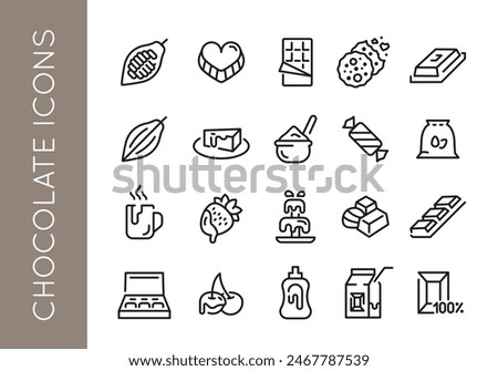 Chocolate icons. Set of 20 chocolate trendy minimal icons. Example: Cocoa bean, Chocolate bar, Chocolate chip cookie icon. Design signs for web page, mobile app, packaging design. Vector illustration