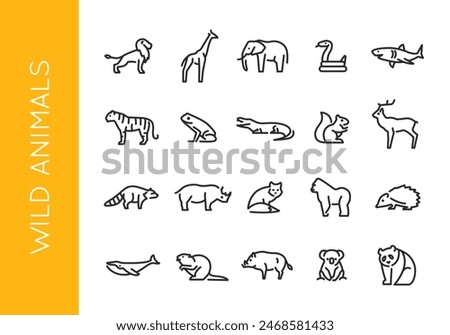 Wild Animals icons. Set of 20 trendy minimal wild animal icons including a monkey, giraffe, elephant, and more. Ideal for web pages, mobile apps, packaging design. Vector illustration