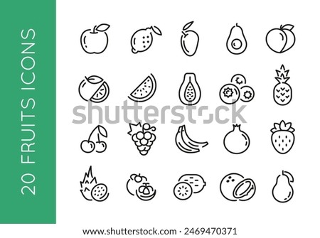 Fruit icons. Set of 20 fruit trendy minimal icons. Apple, Lemon, Mango, Avocado, Peach, Kiwi, Pineapple, Cherry icon. Design signs for web page, mobile app, packaging design. Vector illustration