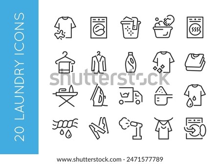 Laundry icons. Set of 20 laundry trendy minimal icons. Stain, washing machine, laundry basket, hand wash, dryer icon. Design signs for web page, mobile app, packaging design. Vector illustration