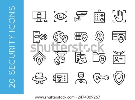 20 Security icons. Set of 20 security trendy minimal icons. Computer, Eye scan, Security camera, Fingerprint, Shield icon. Design signs for web page, mobile app, packaging design. Vector illustration