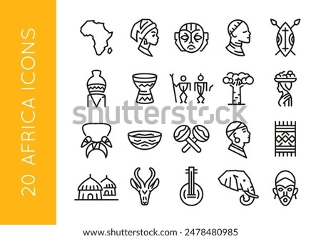 Africa icons. Set of 20 trendy minimal icons. Example: map, traditional mask, tribal figures, drum, woman with headwrap. Design signs for web page, mobile app, packaging design. Vector illustration.