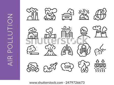 Air Pollution icons. Set of 20 air pollution trendy minimal icons. Factory smoke, Wildfire, car emission, Industrial smoke. Design signs for web page, mobile app, packaging design. Vector illustration