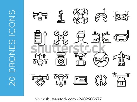 Drone icons. Set of 20 drone trendy minimal icons. Example: Quadcopter, remote control, battery, camera, FPV goggles icon. Design signs for web page, mobile app, packaging design. Vector illustration.
