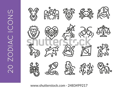 Zodiac icons. Set of 20 zodiac trendy minimal icons. Example: Aries, Gemini, Taurus, Cancer, Leo icon. Design signs for web page, mobile app, packaging design. Vector illustration.