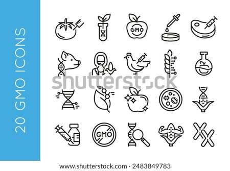 GMO Icons. Set of 20 trendy minimal icons. Example: Tomato , DNA Pig, Corn, Meat, Lab icon. Design signs for web page, mobile app, packaging design. Vector illustration.