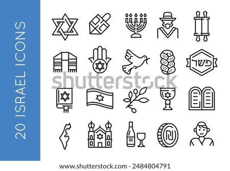 Israel icons. Set of 20 Israel trendy minimal icons. Example: Star of David, Dreidel, Menorah, Rabbi, Torah icon. Design signs for web page, mobile app, packaging design. Vector illustration