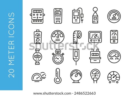 Meter icons. Set of 20 meter trendy minimal icons. Example: digital meter, analog meter, tape measure, thermometer icon. Design signs for web page, mobile app, packaging design. Vector illustration