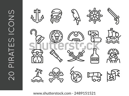 Pirate icons. Set of 20 pirate trendy minimal icons. Example: Anchor, Skull, Parrot, Ship Wheel, Flintlock icon. Design signs for web page, mobile app, packaging design. Vector illustration.