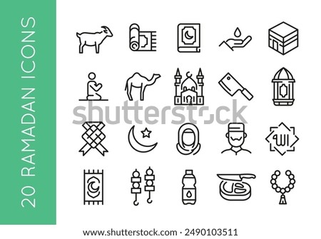 Ramadan icons. Set of 20 trendy minimal icons. Example: Camel, Arabic Arch, Oil Rig, Kaaba icon. Design signs for web page, mobile app, packaging design. Vector illustration.