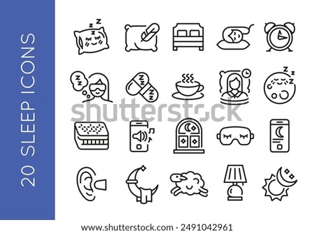 Sleep icons. Set of 20 sleep trendy minimal icons. Sleepy pillow face, bed, sleep, sleeping pills. Design signs for web page, mobile app, packaging design. Vector illustration. 