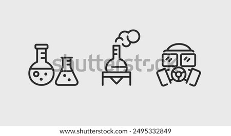 Chemistry and laboratory icons. Chemistry and laboratory trendy minimal icons set. Beakers, Chemical Flask, Gas Mask icon. Design signs for web page, mobile app, packaging design. Vector illustration