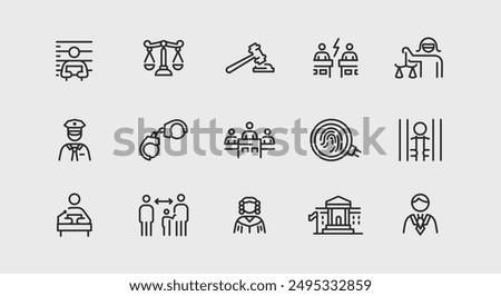 Law and justice icons. Large set of law and justice trendy minimal icons. Judge, Scales, Gavel, Prisoner, Handcuffs icon. Design signs for web page, mobile app, packaging design. Vector illustration