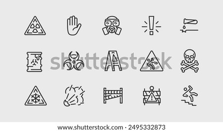 Safety and warning icons. Large set of safety and warning trendy minimal icons. No Entry, Gas Mask, Caution,Biohazard icon. Design signs for web page, mobile app, packaging design. Vector illustration