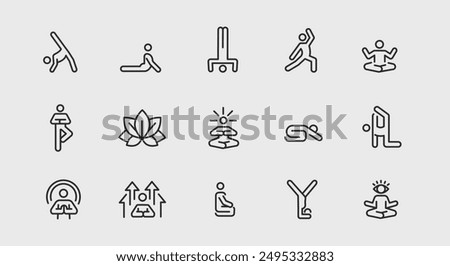 Yoga and meditation icons. Large set of yoga and meditation trendy minimal icons. Yoga Pose, Meditation, Stretching icon. Design signs for web page, mobile app, packaging design. Vector illustration