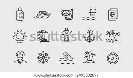 Travel and vacation icons. Large set of travel and vacation trendy minimal icons. Luggage, Cruise Ship, Snorkeling icon. Design signs for web page, mobile app, packaging design. Vector illustration