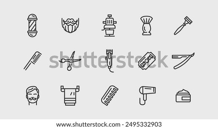 Barbershop and grooming icons. Large set of barbershop and grooming trendy minimal icons. Barber Pole, Beard, Razor icon. Design signs for web page, mobile app, packaging design. Vector illustration