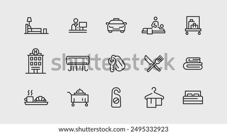 Hotel and hospitality icons. Large set of hotel and hospitality trendy minimal icons. Bed, Reception, Car, Bellhop icon. Design signs for web page, mobile app, packaging design. Vector illustration