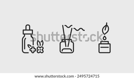 Aromatherapy and wellness icons. Aromatherapy and wellness trendy minimal icons. Reed Diffuser, Scented Candle icon. Design signs for web page, mobile app, packaging design. Vector illustration