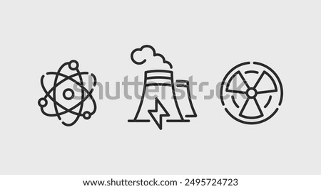 Nuclear, Power Plant, Radiation icons. Energy and safety icons set. Atom, Power Plant, Radiation symbols isolated on white background. Vector illustration