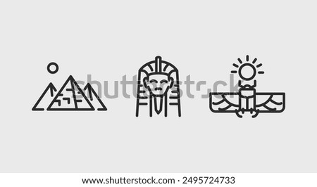 Ancient Egyptian icons. Ancient Egyptian trendy minimal icons set. Example: Pyramids, Pharaoh, Sun God Ra icon. Design signs for web page, mobile app, packaging design. Vector illustration.