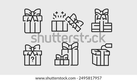 Gift and present icons. Gift and present trendy minimal icons set. Gift Box, Surprise, Wrapped Present, Mystery Box icon. Design signs for web page, mobile app, packaging design. Vector illustration