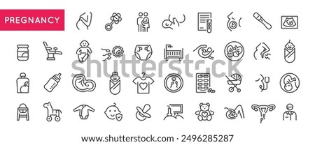 Pregnancy and baby care icons. Large set of pregnancy and baby care trendy minimal icons. Bottle, Diaper, Stroller icon. Design signs for web page, mobile app, packaging design. Vector illustration