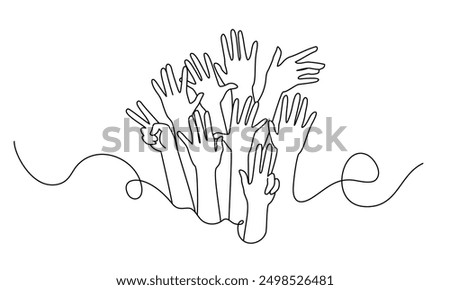 Multiple Hands in one continuous line drawing. One line poster. Outline multiply hands. Element for interior design and presentations. Vector illustration.