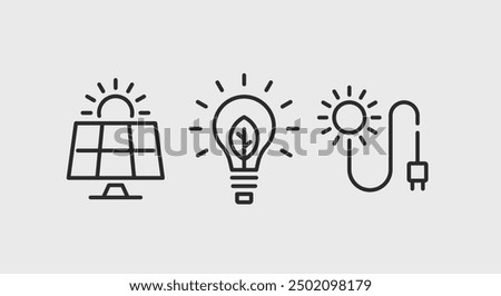 Solar energy and renewable resources icons. Solar energy and renewable resources trendy minimal icons set. Charging icon. Design signs for web page, mobile app, packaging design. Vector illustration.