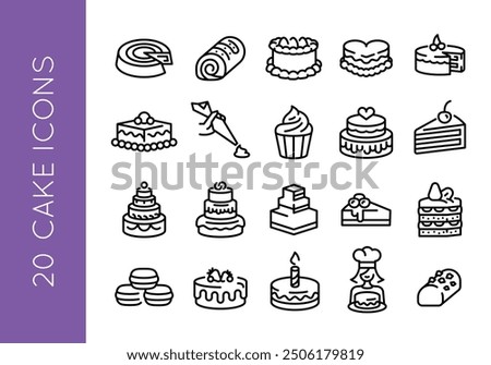 Cake icons. Set of 20 cake trendy minimal icons. Examples include cupcake, slice, piping bag, macarons and tiered cake icon. Design signs for web, mobile app, packaging design. Vector illustration