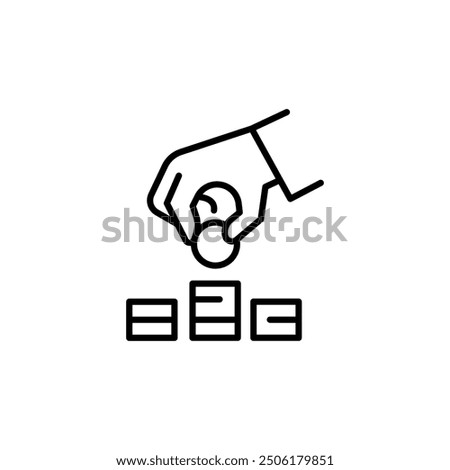 Investment icon. Simple line illustration depicting a hand placing a coin over stacked bars, symbolizing financial investment. Ideal for social media, app, and web design. Vector illustration