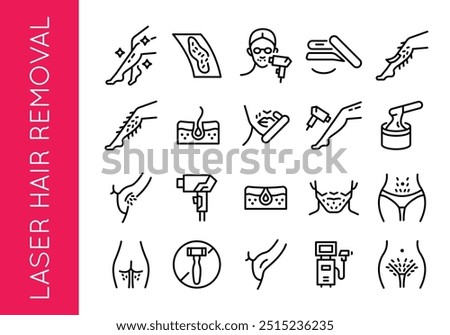 Laser Hair Removal icons. Set of 20 laser hair removal-themed trendy minimal icons. Smooth Leg, Waxing, Bikini Waxing icon. Design signs for web page, mobile app, packaging design. Vector illustration