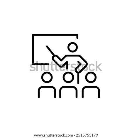 Lecture icon. A simplified representation of a speaker giving a presentation to a group of listeners, symbolizing education, seminars, and public speaking engagements. Vector illustration