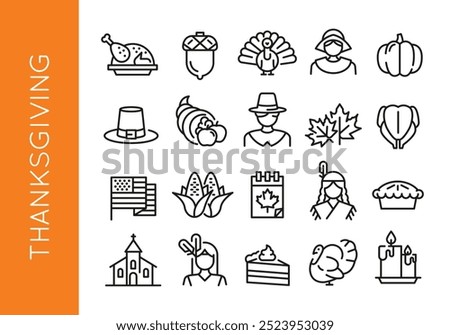 Thanksgiving icons. Set of 20 Thanksgiving trendy minimal icons. Example: Turkey, Acorn, Pilgrim, Pumpkin, Cornucopia icons. Design signs for web page, mobile app,packaging design. Vector illustration