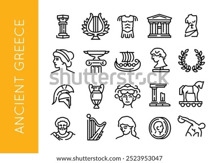 Ancient Greece icons. Set of 20 Ancient Greek trendy minimal icons. Ionic Column, Lyre, Greek Ship, Spartan Helmet. Design signs for web page, mobile app, packaging design. Vector illustration