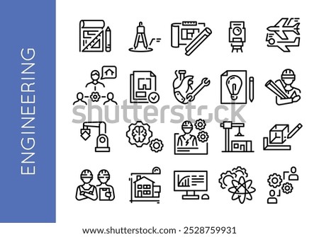 Engineering icons. Set of 20 engineering trendy minimal icons. Compass, Drafting Tool, Construction Worker icons. Design signs for web page, mobile app, technical documentation. Vector illustration