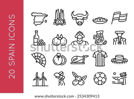 Spain icons. Set of 20 Spain trendy minimal icons. Example: Map of Spain, Sagrada Familia, Bull, Paella, Spanish Flag icon. Design signs for web page, mobile app, packaging design. Vector illustration